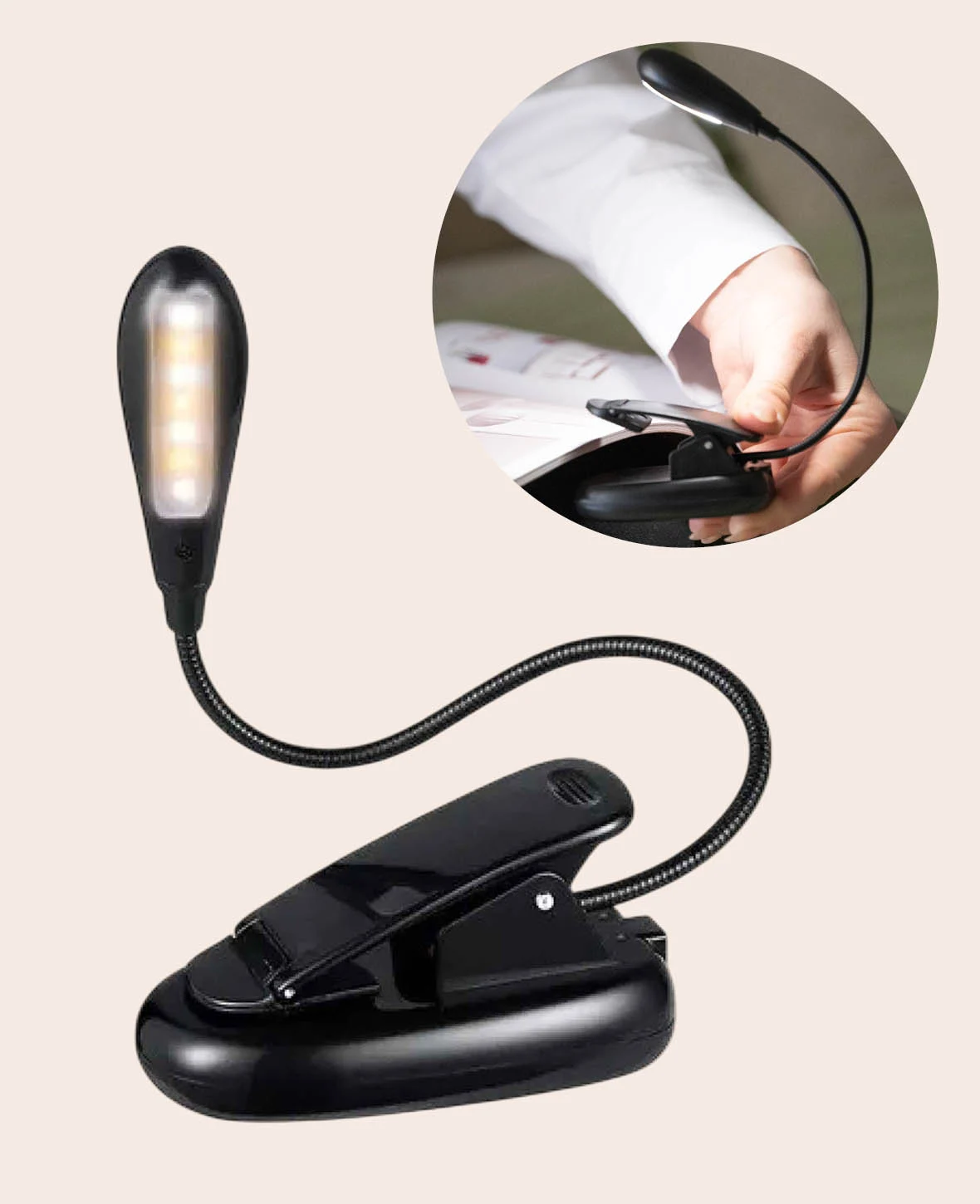 LED Leselampe mit biegbarem Schwanenhals und Clip Halterung – Schwarz